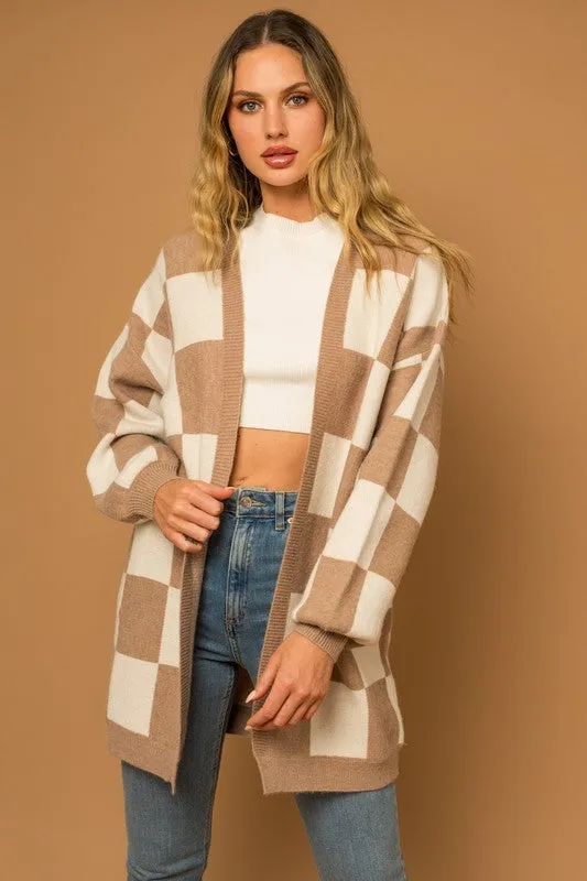 Tilly Checker Cardigan - Taupe & White, Knit Sweater, Open Front, Longline