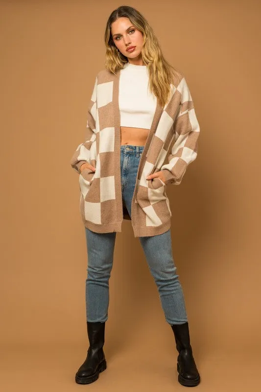 Tilly Checker Cardigan - Taupe & White, Knit Sweater, Open Front, Longline