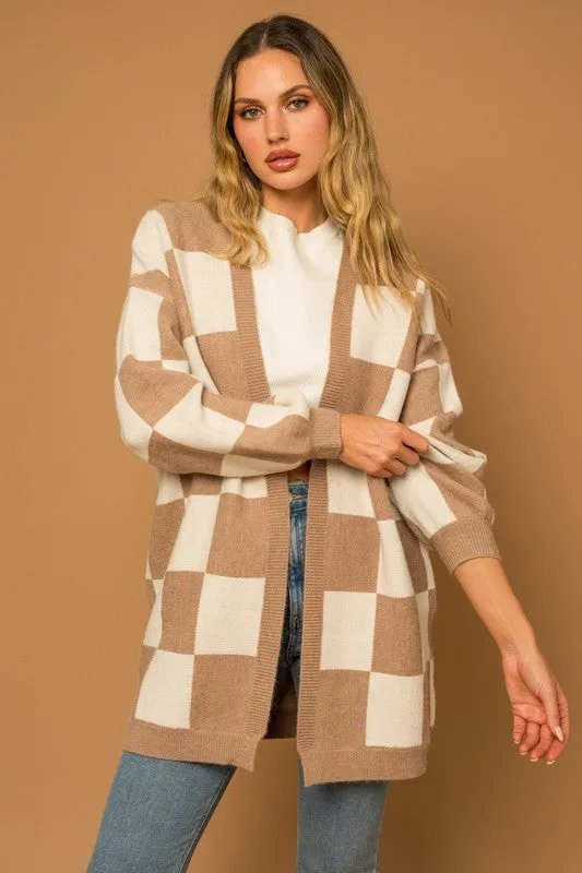 Tilly Checker Cardigan - Taupe & White, Knit Sweater, Open Front, Longline