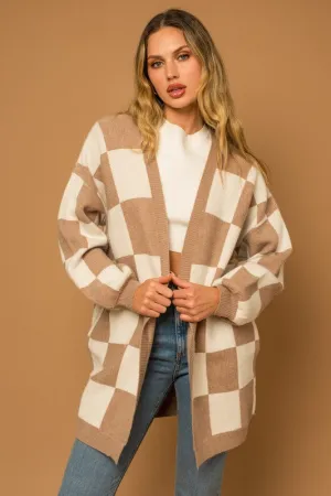 Tilly Checker Cardigan - Taupe & White, Knit Sweater, Open Front, Longline