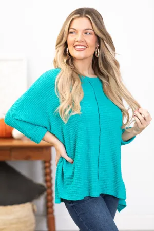 Turquoise Waffle Knit Dolman Sleeve Sweater