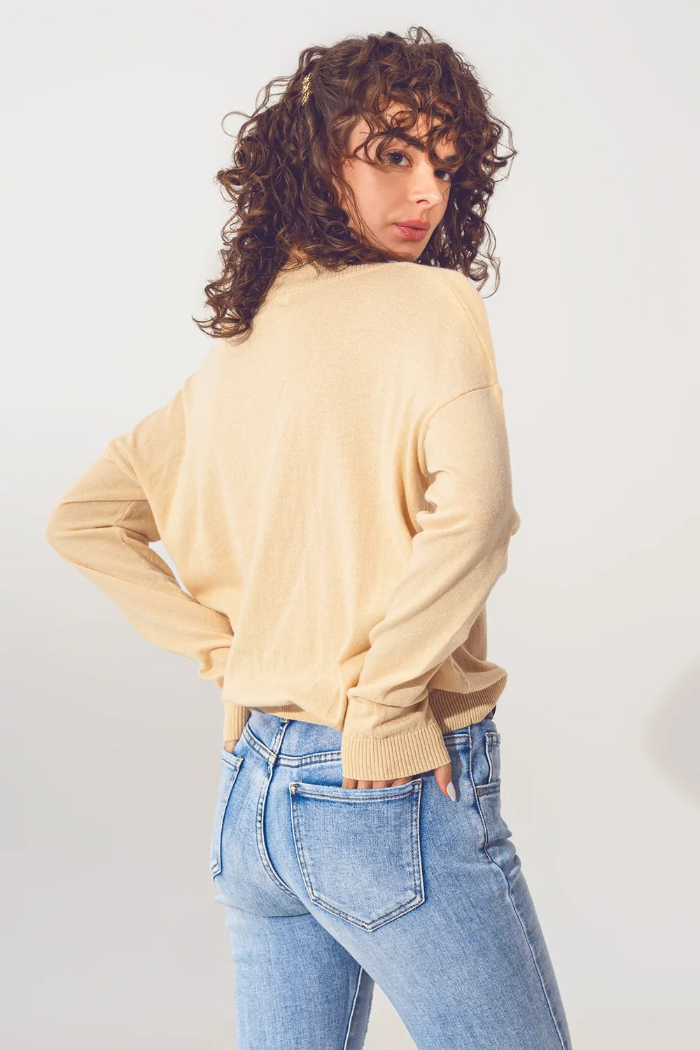 v neck fine knit sweater in beige