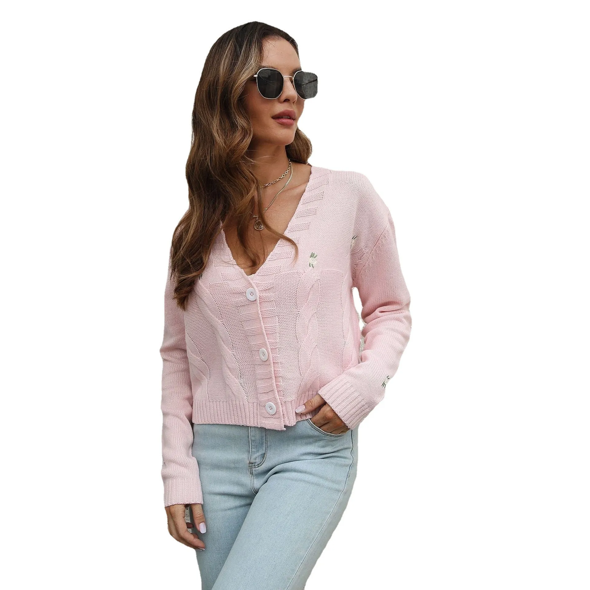 V-Neck Long Sleeve Button Up Sweater with Knitted Details