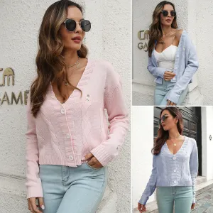 V-Neck Long Sleeve Button Up Sweater with Knitted Details