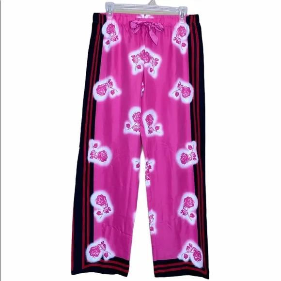 VICTORIA SECRET PINK &amp; WHITE ROSE SATIN PAJAMAS LOUNGING PANTS SZ M
