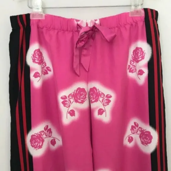 VICTORIA SECRET PINK &amp; WHITE ROSE SATIN PAJAMAS LOUNGING PANTS SZ M