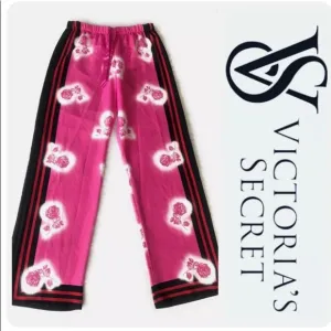 VICTORIA SECRET PINK &amp; WHITE ROSE SATIN PAJAMAS LOUNGING PANTS SZ M