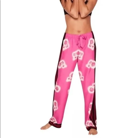 VICTORIA SECRET PINK &amp; WHITE ROSE SATIN PAJAMAS LOUNGING PANTS SZ M