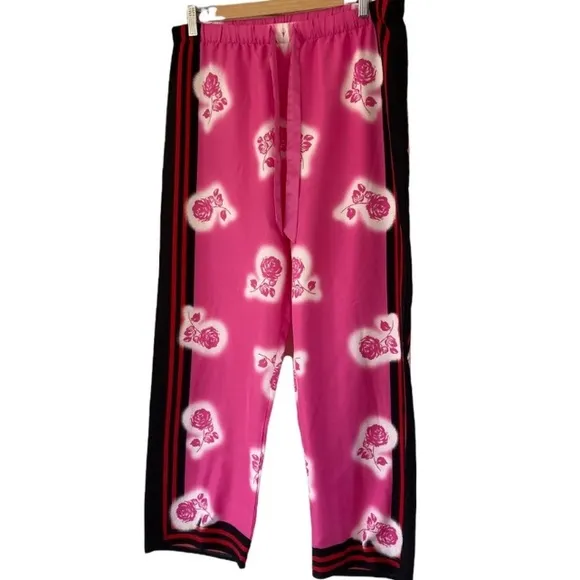 VICTORIA SECRET PINK &amp; WHITE ROSE SATIN PAJAMAS LOUNGING PANTS SZ M