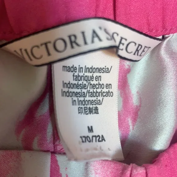VICTORIA SECRET PINK &amp; WHITE ROSE SATIN PAJAMAS LOUNGING PANTS SZ M