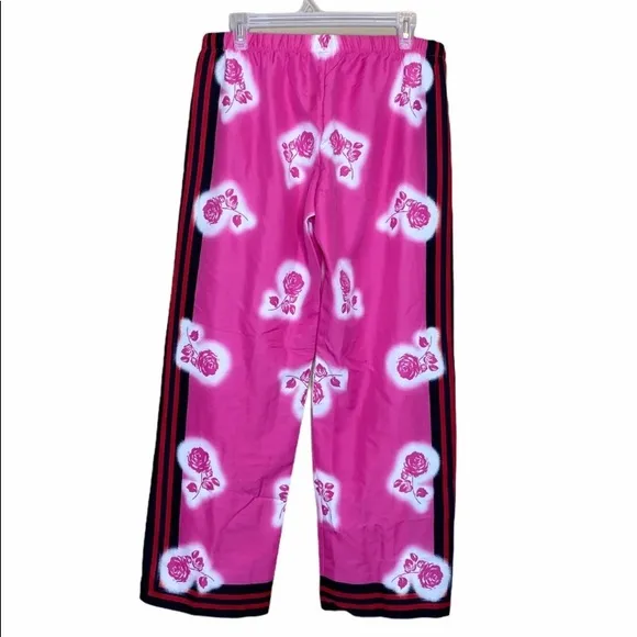 VICTORIA SECRET PINK &amp; WHITE ROSE SATIN PAJAMAS LOUNGING PANTS SZ M