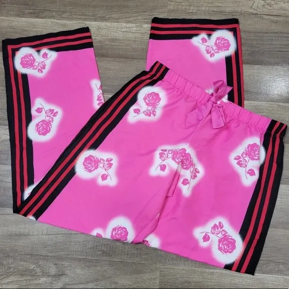 VICTORIA SECRET PINK &amp; WHITE ROSE SATIN PAJAMAS LOUNGING PANTS SZ M