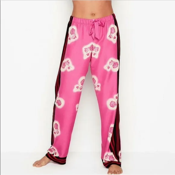 VICTORIA SECRET PINK &amp; WHITE ROSE SATIN PAJAMAS LOUNGING PANTS SZ M