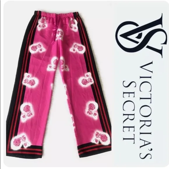 VICTORIA SECRET PINK &amp; WHITE ROSE SATIN PAJAMAS LOUNGING PANTS SZ M