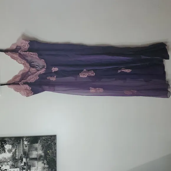 Vintage Fredrick's Silk Lingerie Maxi Dress Size 2X Half Lace Half Silk Beaded