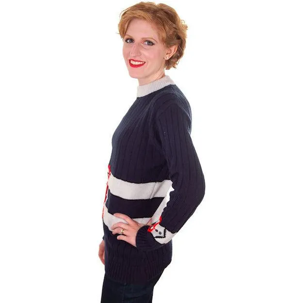 Vintage Ladies Pullover Sweater Navy Blue w/ Belt Graphics 1970s Acrylic Medium