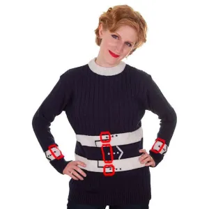 Vintage Ladies Pullover Sweater Navy Blue w/ Belt Graphics 1970s Acrylic Medium