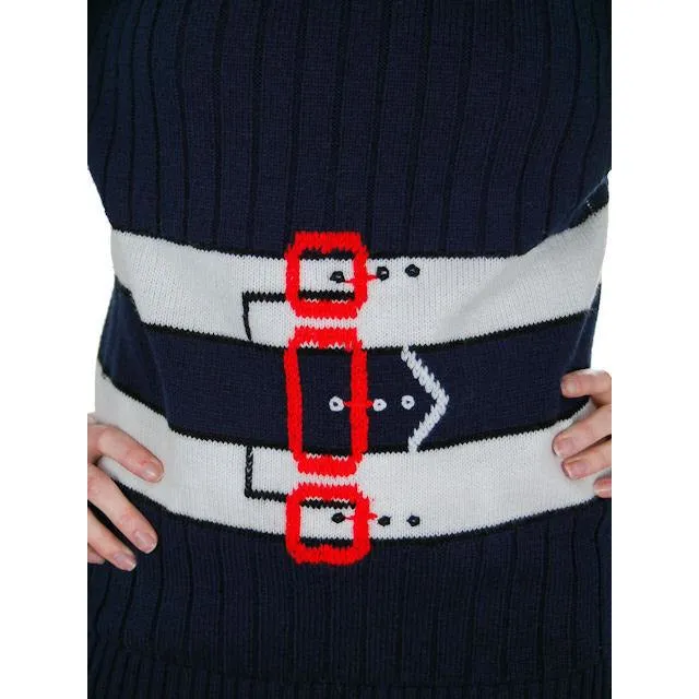 Vintage Ladies Pullover Sweater Navy Blue w/ Belt Graphics 1970s Acrylic Medium