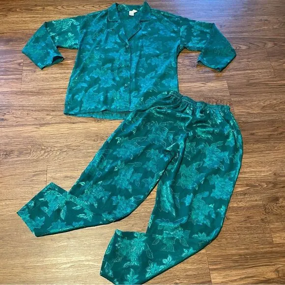 Vintage Victoria’s Secret Gold Label 80’s Sheer Floral Pajama Set Green XS