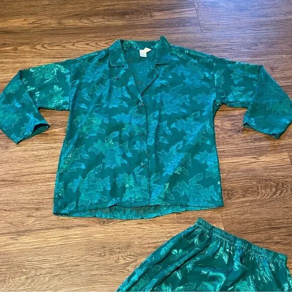 Vintage Victoria’s Secret Gold Label 80’s Sheer Floral Pajama Set Green XS