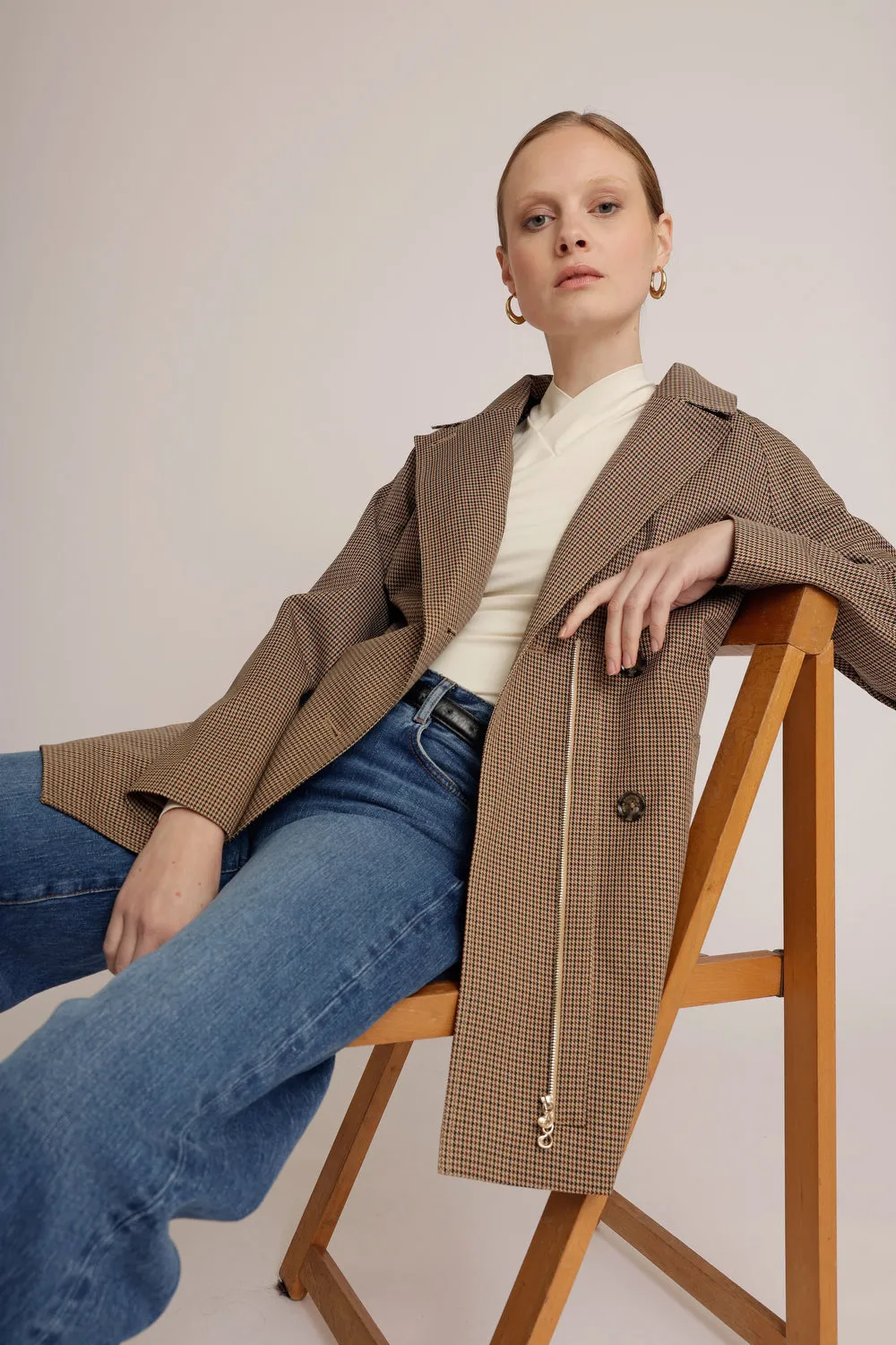 Waterproof Straight-Fit Short Trenchcoat  | Houndstooth Check