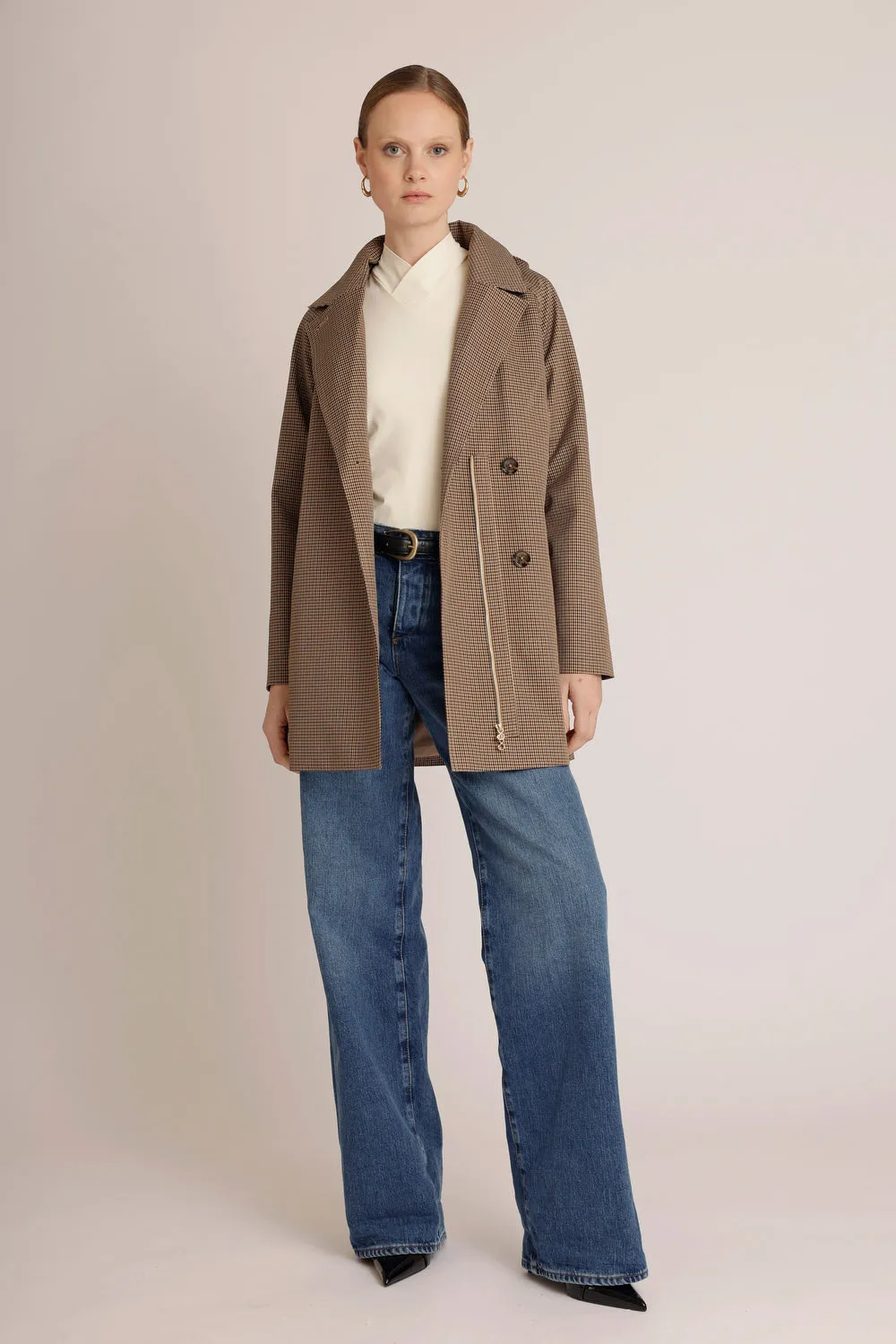 Waterproof Straight-Fit Short Trenchcoat  | Houndstooth Check