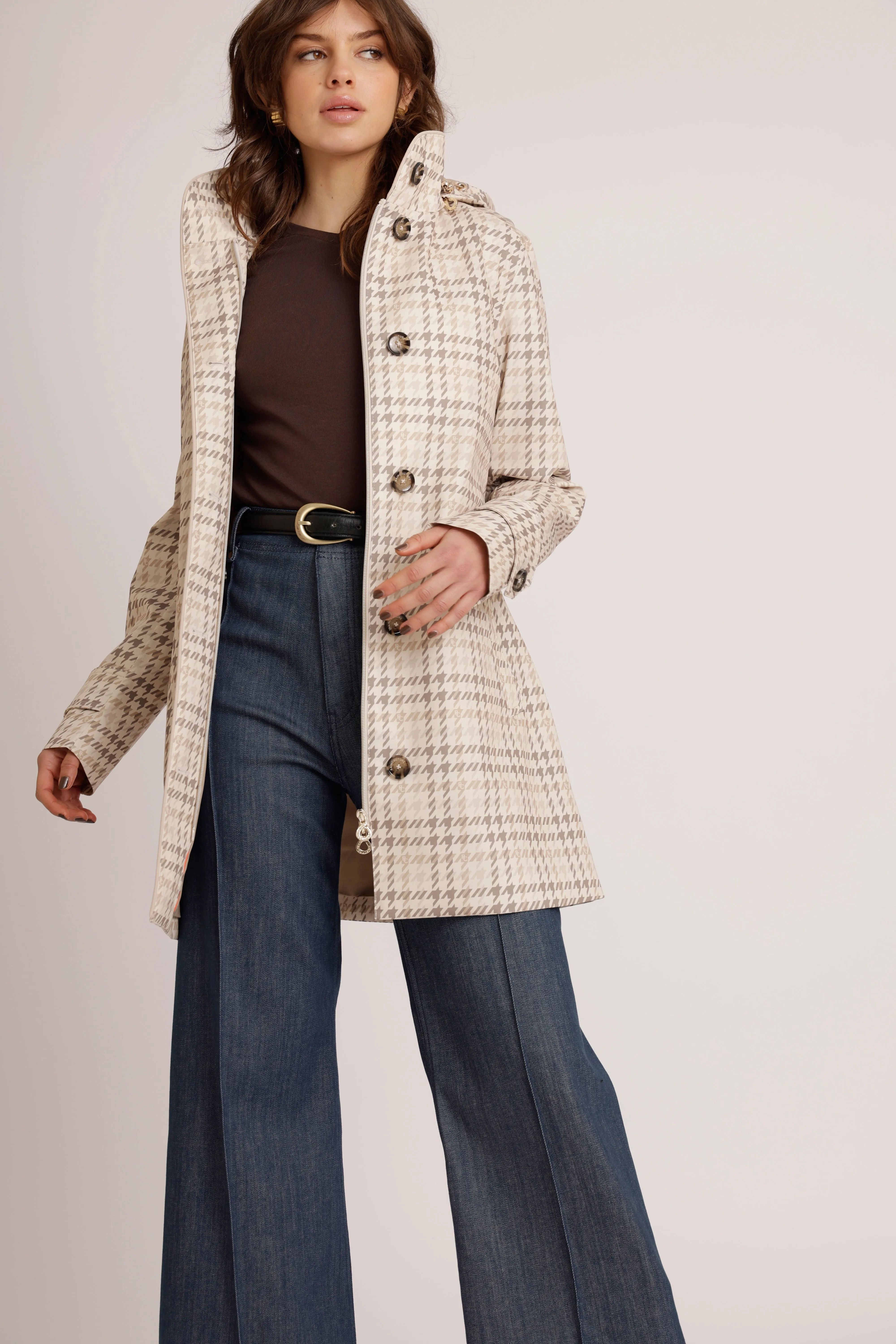 Waterproof Straight Fit Short Waistbelt Raincoat | Monogram Check