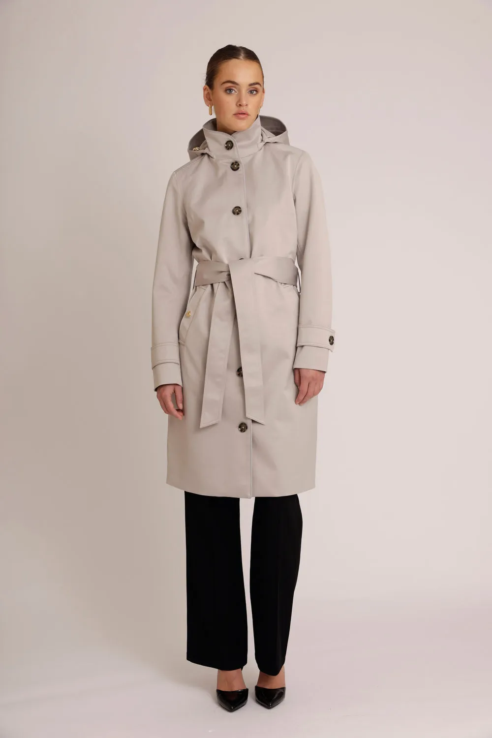 Waterproof Straight Fit Waistbelt Raincoat | Silver Gray