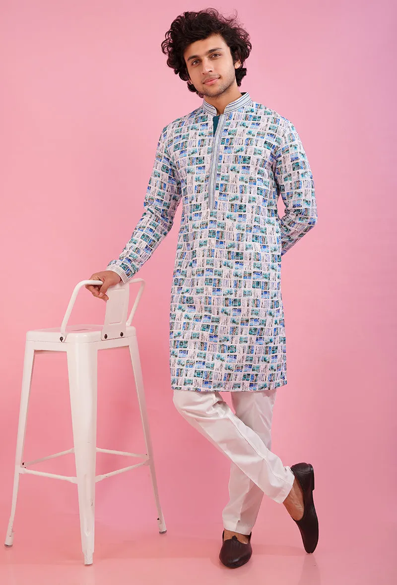 White & Blue Kurta Pajama | TULA