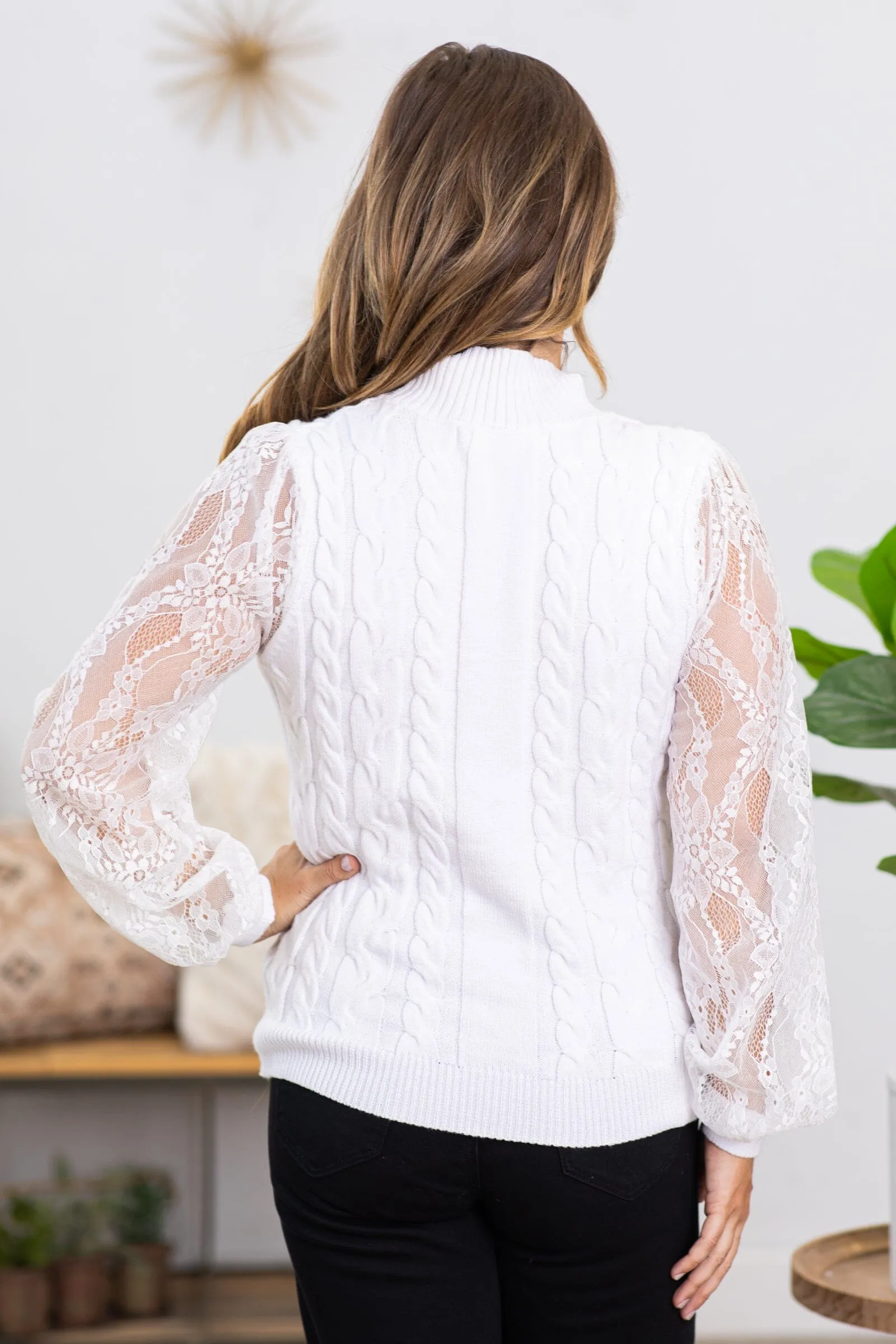 White Mock Neck Lace Sleeve Sweater