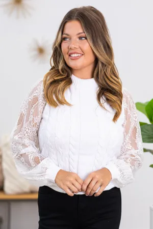 White Mock Neck Lace Sleeve Sweater