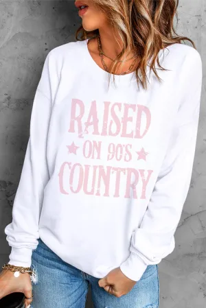 White RAISED ON 90'S COUNTRY Print Pullover Sweatshirt