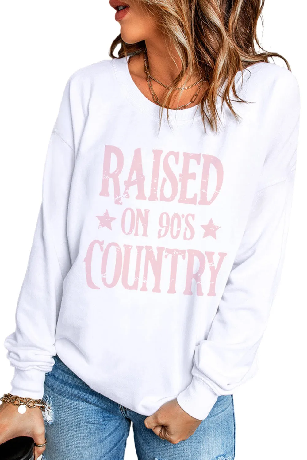 White RAISED ON 90'S COUNTRY Print Pullover Sweatshirt