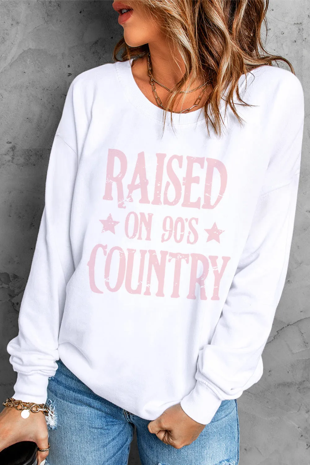 White RAISED ON 90'S COUNTRY Print Pullover Sweatshirt