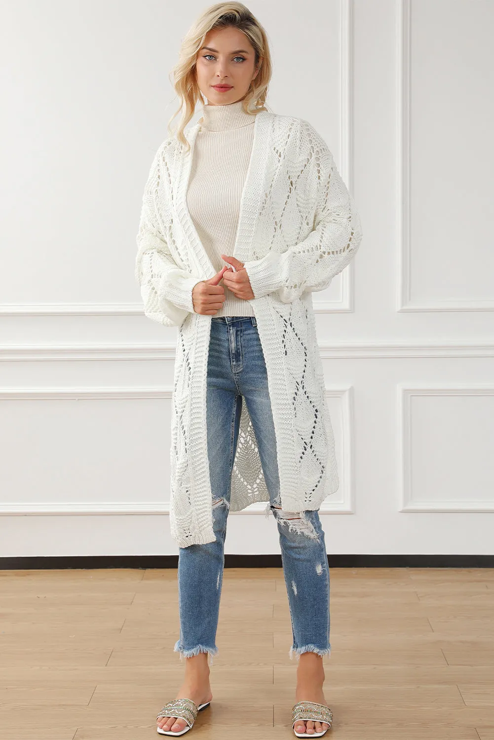 White Rhombus Hollowed Knit Open Front Cardigan