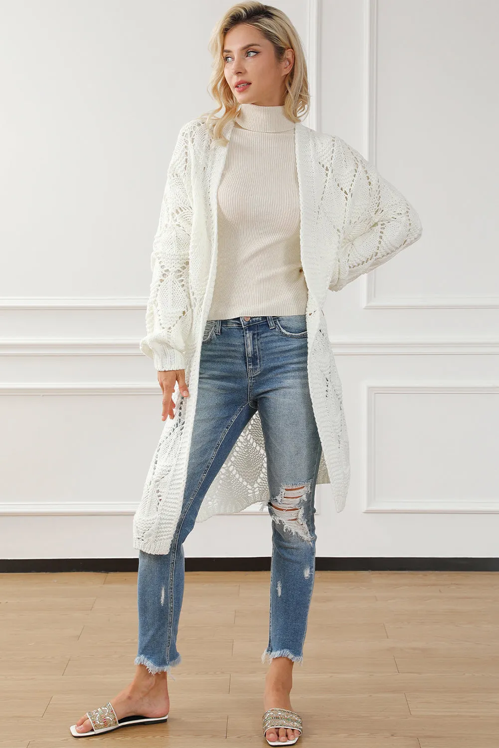 White Rhombus Hollowed Knit Open Front Cardigan
