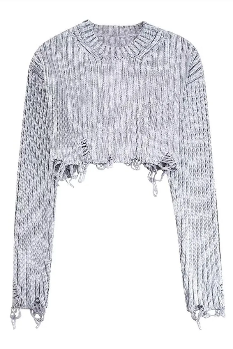 WK668 Ripped Long Sleeve Cropped Knit Top