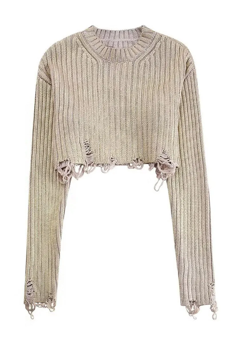 WK668 Ripped Long Sleeve Cropped Knit Top
