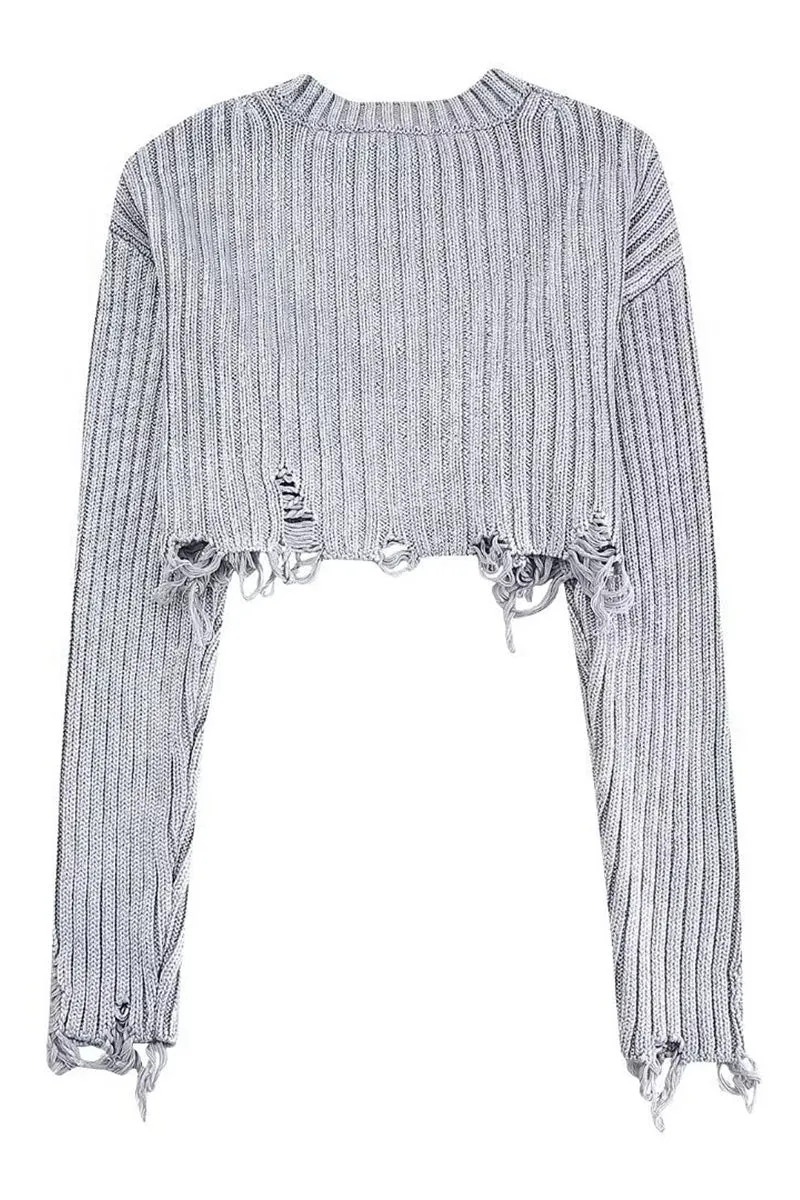 WK668 Ripped Long Sleeve Cropped Knit Top