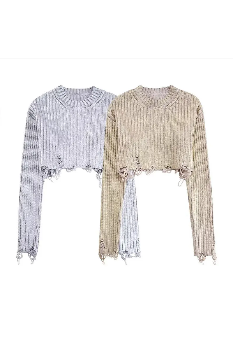 WK668 Ripped Long Sleeve Cropped Knit Top