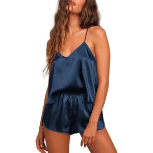 Women Blue Silk Satin Cami Pjs Set V Neck Camisole Shorts Set Adjustable Strap