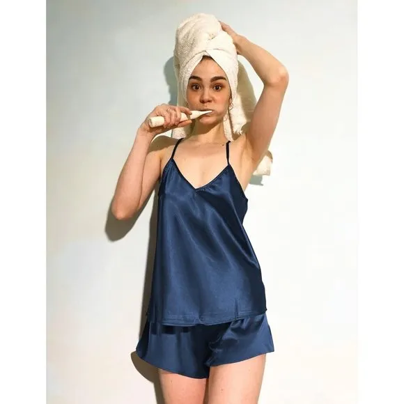 Women Blue Silk Satin Cami Pjs Set V Neck Camisole Shorts Set Adjustable Strap