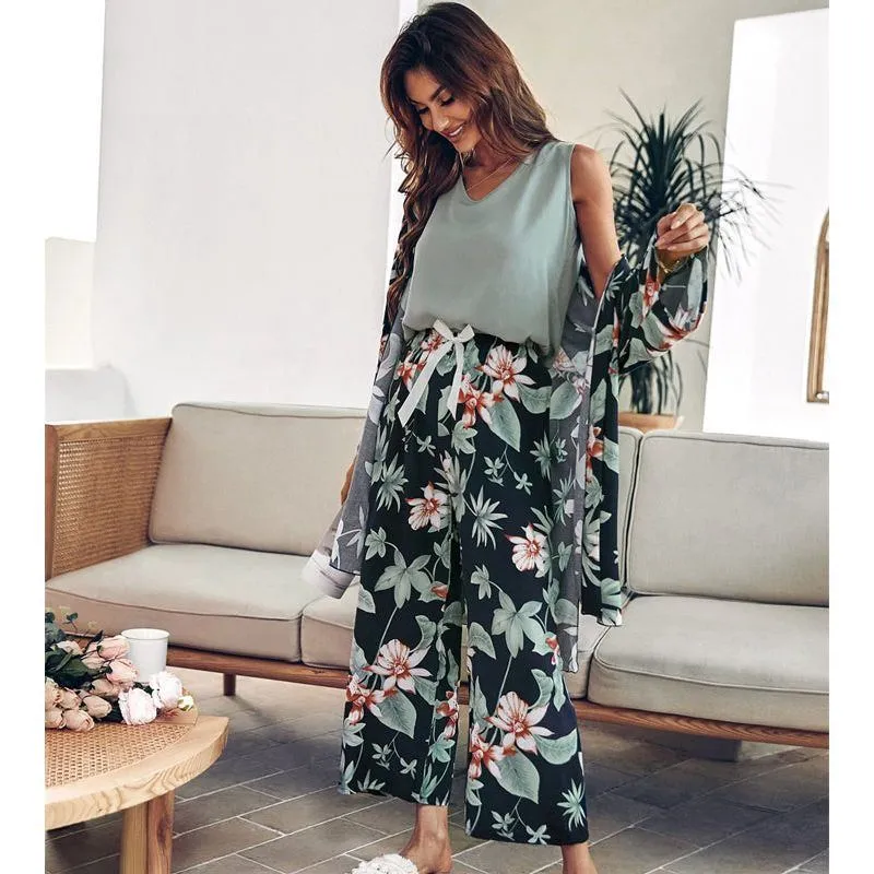 Women Pajamas Set Viscose Floral Printed Female Loose Sleepwear Nightwearar