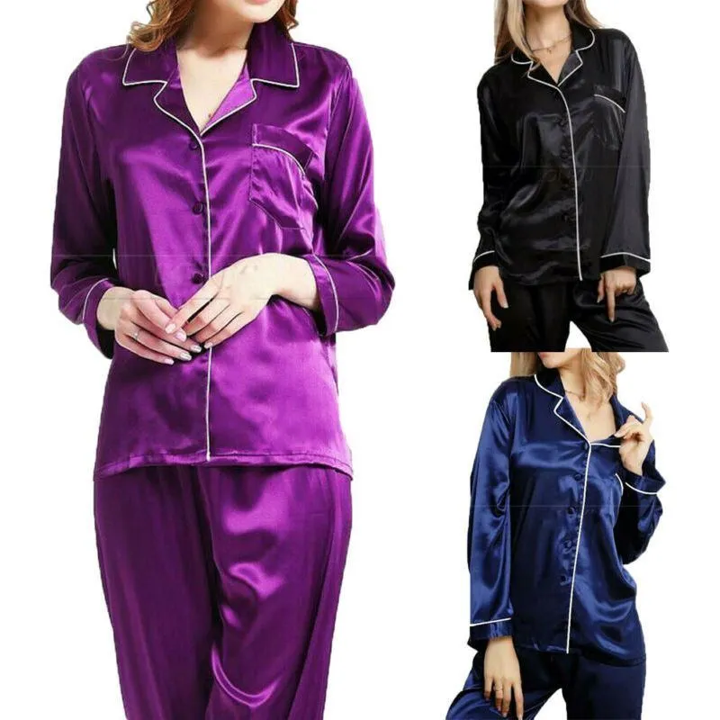 Women Sleepwear Satin Pajamas Sets Long Sleeve Autumn Sleepwear Faux Silk Pajamas Suit Female Homewear