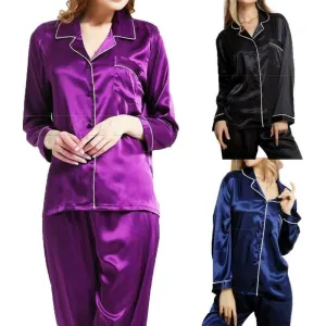 Women Sleepwear Satin Pajamas Sets Long Sleeve Autumn Sleepwear Faux Silk Pajamas Suit Female Homewear