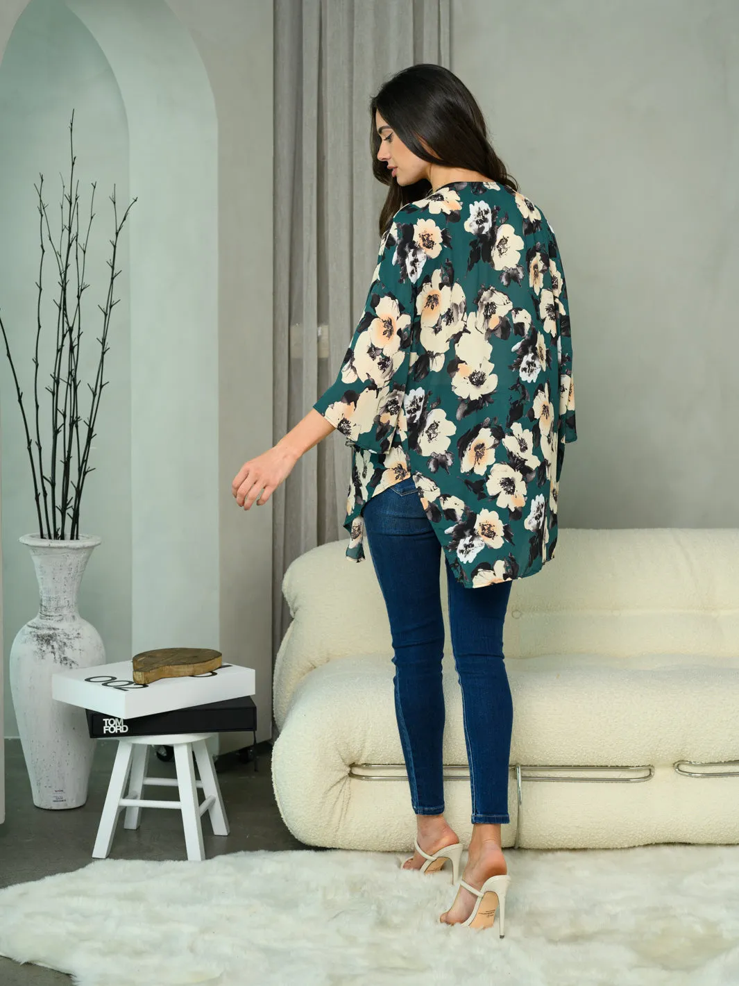 WOMEN'S 3/4 RUFFLE SLEEVE FLORAL CARDIGAN