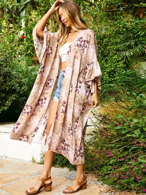 WOMEN'S 3/4 SLEEVE FLORAL DUSTER CARDIGAN