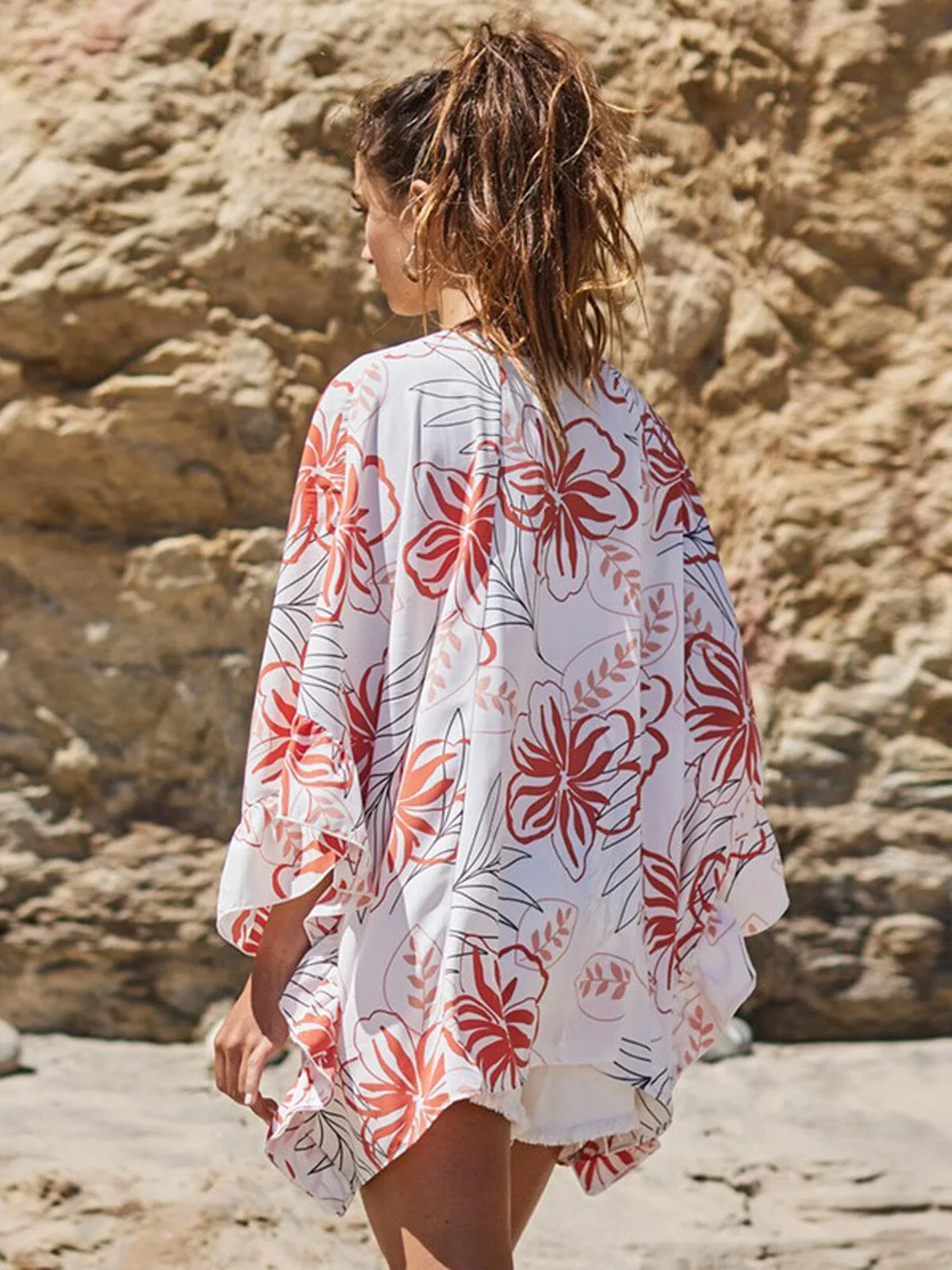 WOMEN'S 3/4 SLEEVE FLORAL RUFFLE DUSTER CARDIGAN