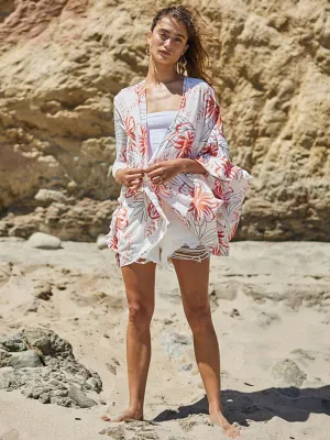 WOMEN'S 3/4 SLEEVE FLORAL RUFFLE DUSTER CARDIGAN