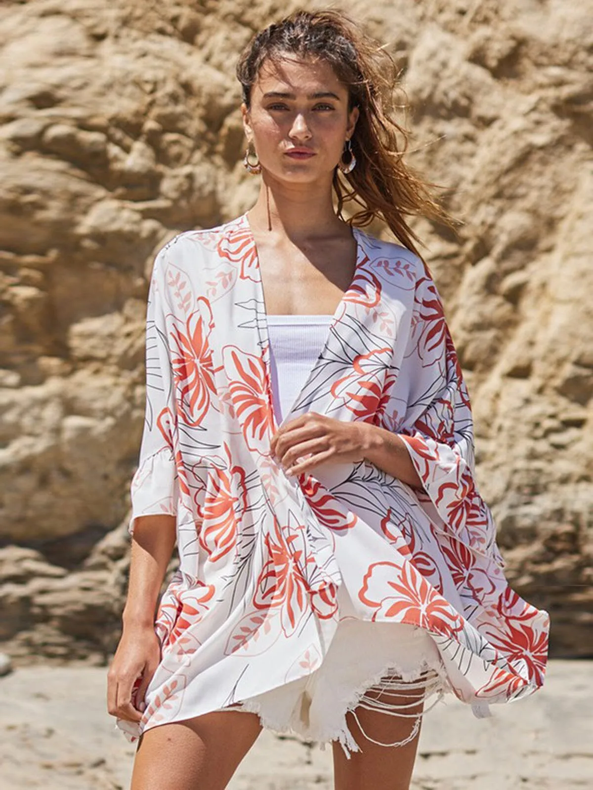 WOMEN'S 3/4 SLEEVE FLORAL RUFFLE DUSTER CARDIGAN